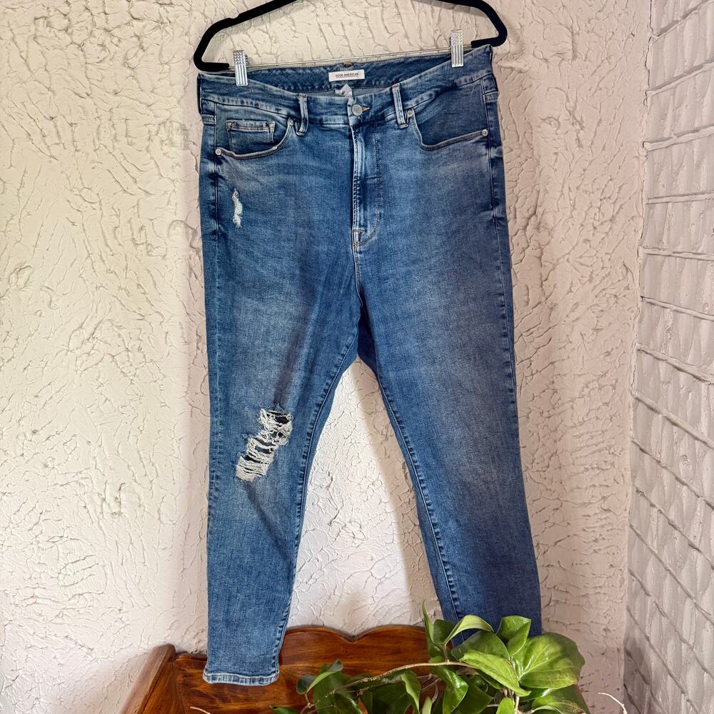 Good American Good Legs Crop Jeans Size 16 Distressed High Rise Skinny Crop Blue